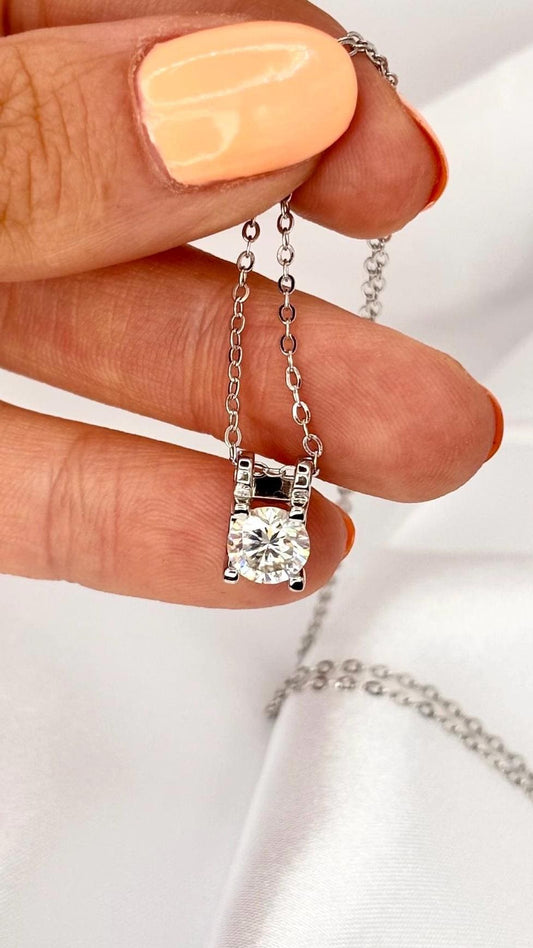 Moissanite Halo Necklace 1 Carat, Sterling Silver Pendant, Dainty Necklace for Women, Anniversary Gift