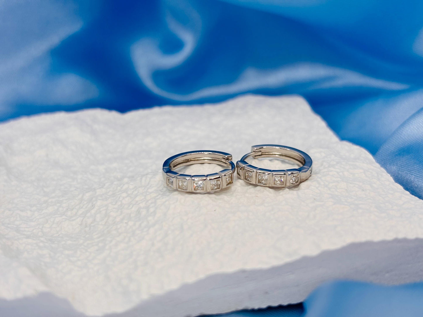 Sterling Silver Moissanite Huggie Earrings, Small Hoop Earrings with Diamond Look Stones