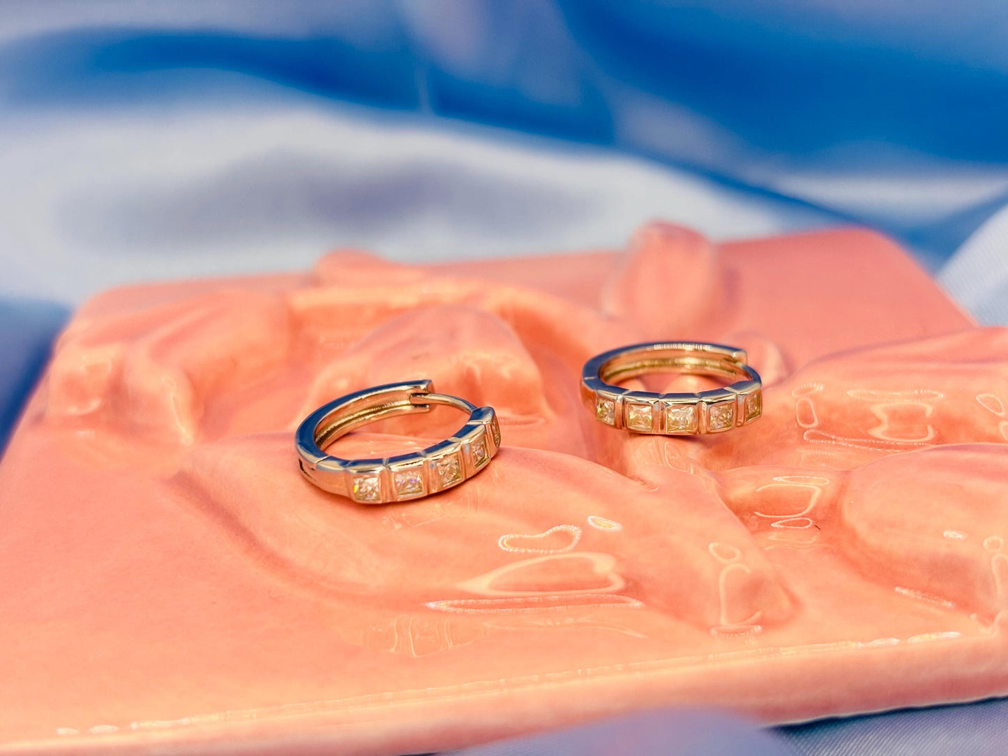 Sterling Silver Moissanite Huggie Earrings, Small Hoop Earrings with Diamond Look Stones