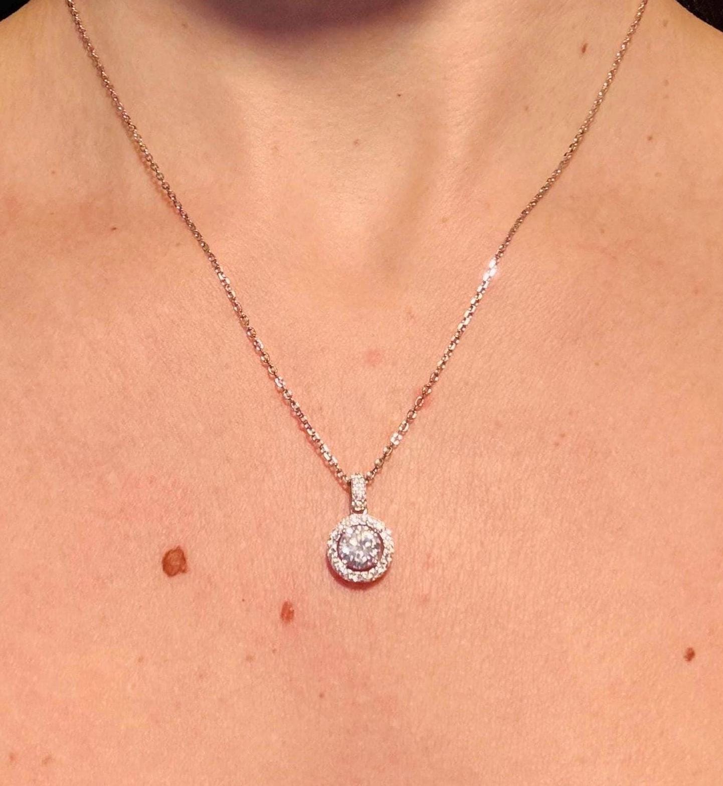 1 Carat Moissanite Halo Necklace, Dainty Everyday Pendant, 18K White Gold Plated Silver Gift