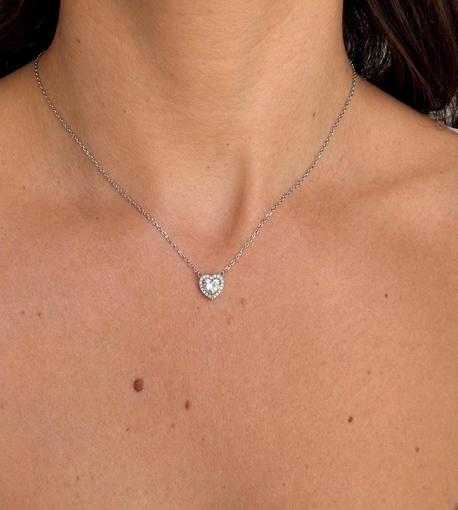 1 Carat Heart Moissanite Necklace, Delicate Halo, Romantic Gift for Her, White Gold Plated