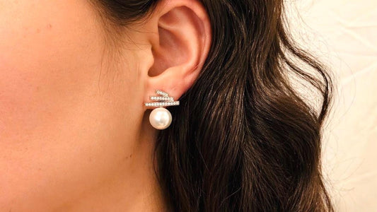 Freshwater Pearl Stud Earrings, 925 Sterling Silver, CZ Bar, Minimalist Elegant Jewelry
