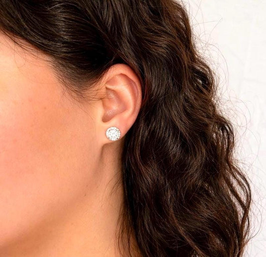 Moissanite Halo Stud Earrings 1 Carat Total, Sterling Silver Diamond Alternative Earrings