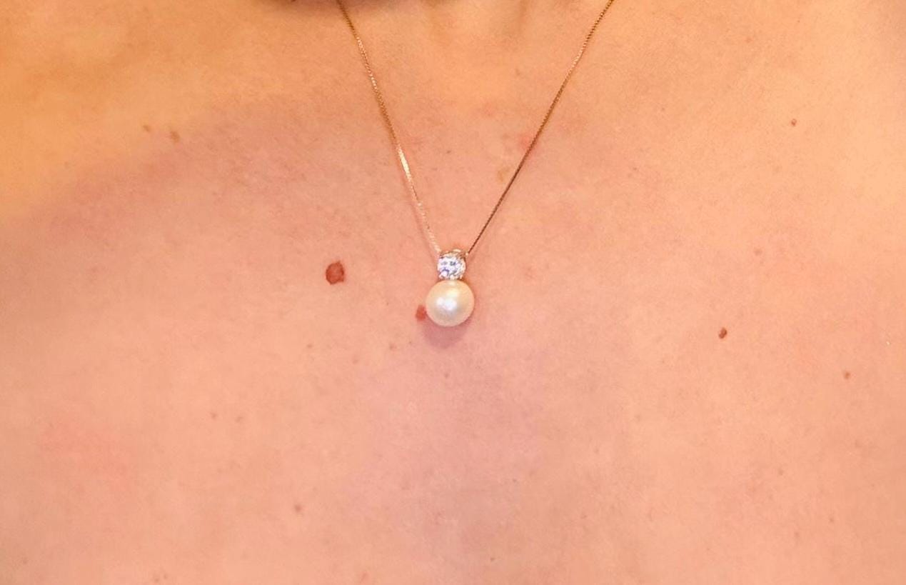 Freshwater Pearl Zircon Pendant, 925 Sterling Silver Chain, Dainty Minimalist Jewelry, Bridal Bridesmaid Accessory