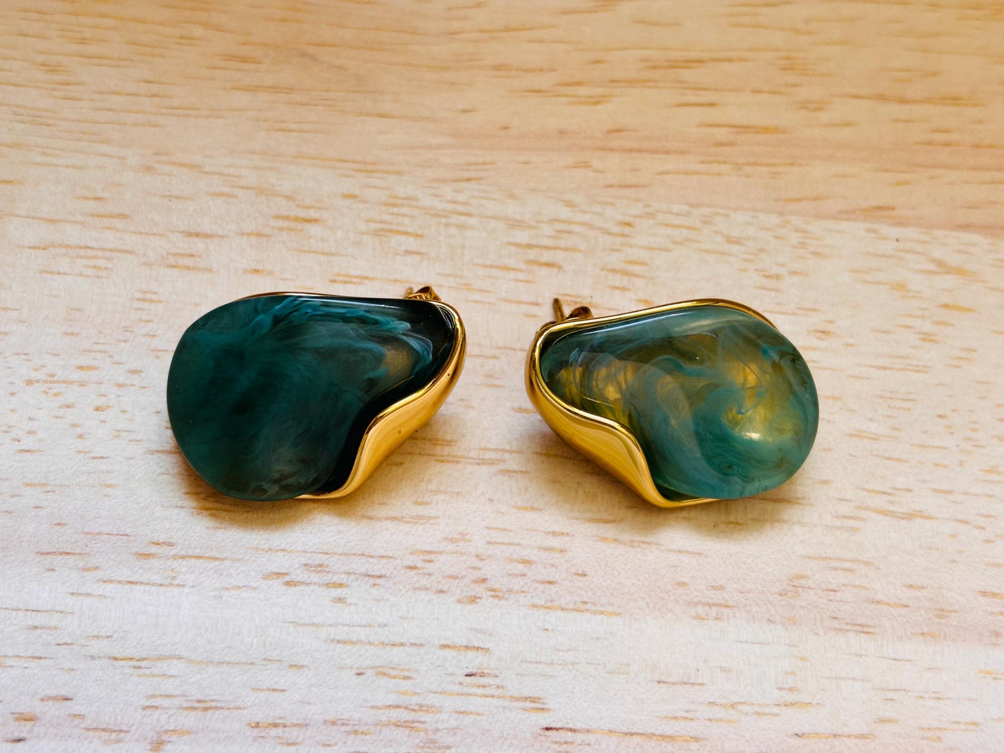 Gold Plated Green Resin Stud Earrings, Organic Marble Effect, Minimalist Statement Jewelry