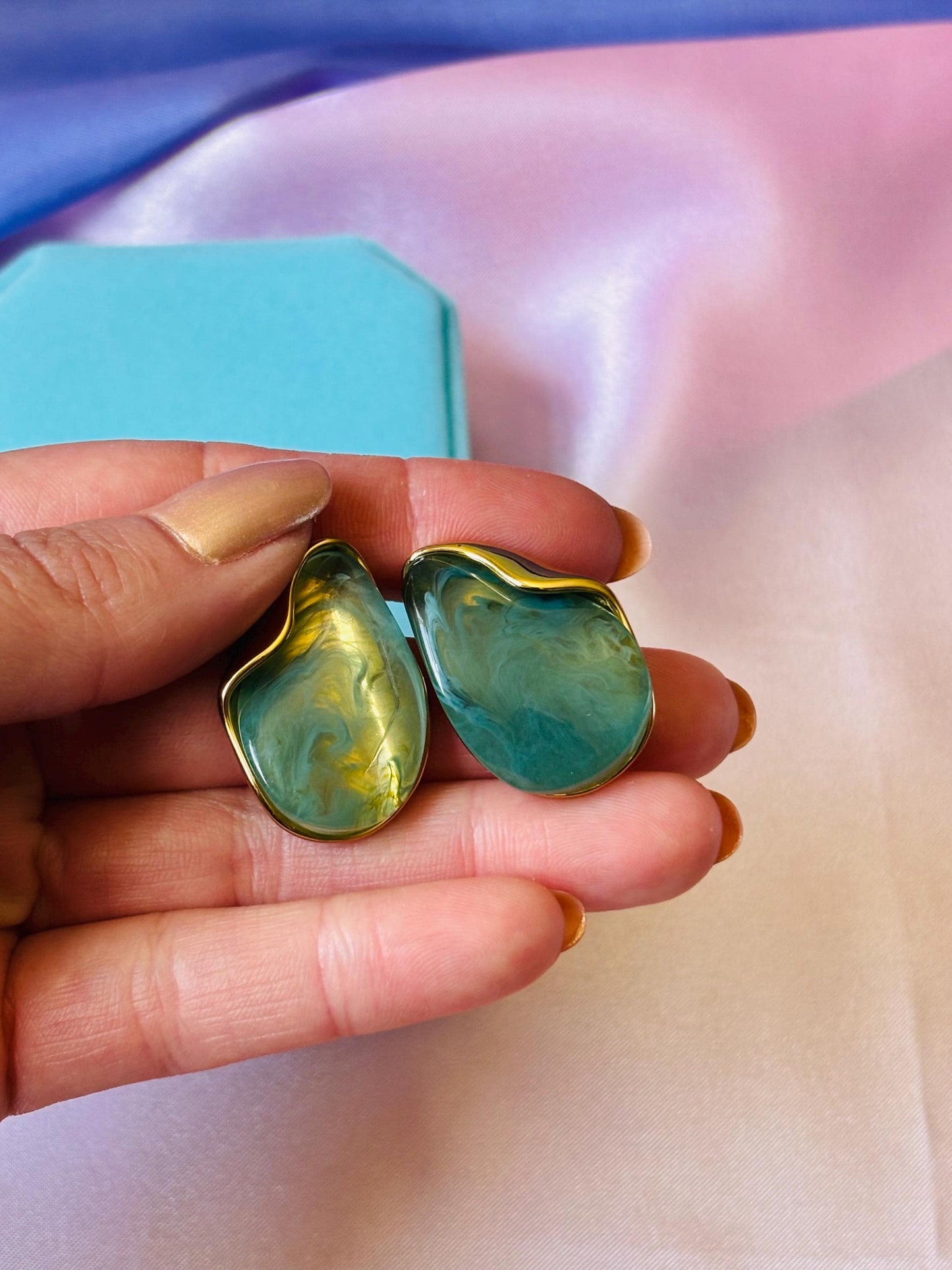 Gold Plated Green Resin Stud Earrings, Organic Marble Effect, Minimalist Statement Jewelry