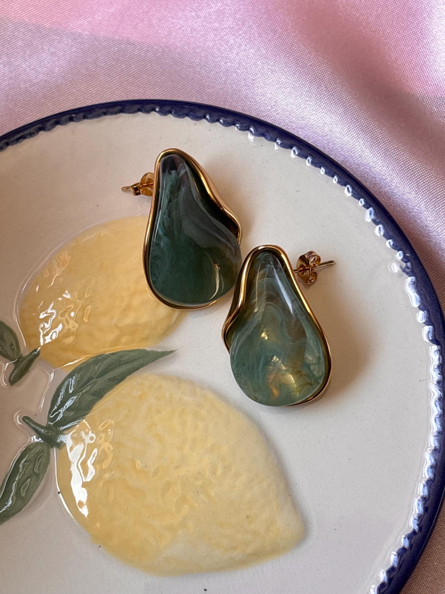 Gold Plated Green Resin Stud Earrings, Organic Marble Effect, Minimalist Statement Jewelry