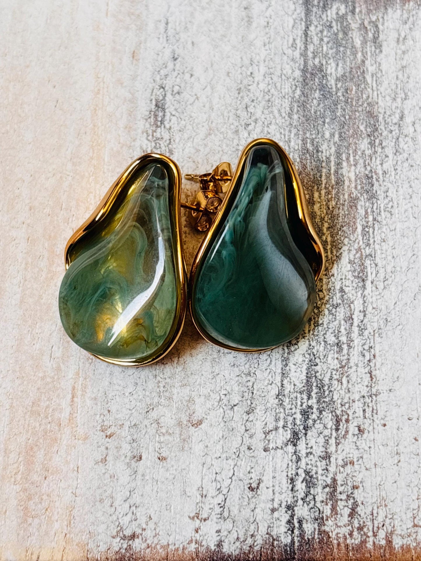 Gold Plated Green Resin Stud Earrings, Organic Marble Effect, Minimalist Statement Jewelry