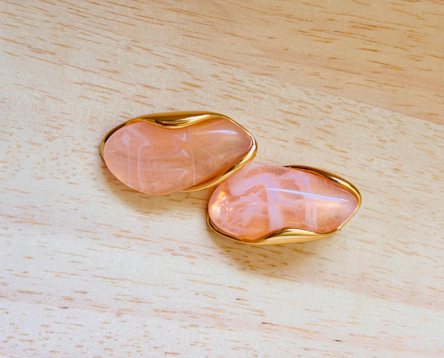 Gold Plated Pink Marbled Resin Oval Stud Earrings, Blush Statement Jewellery