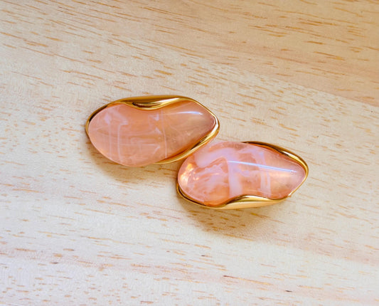 Gold Plated Pink Marbled Resin Oval Stud Earrings, Blush Statement Jewellery