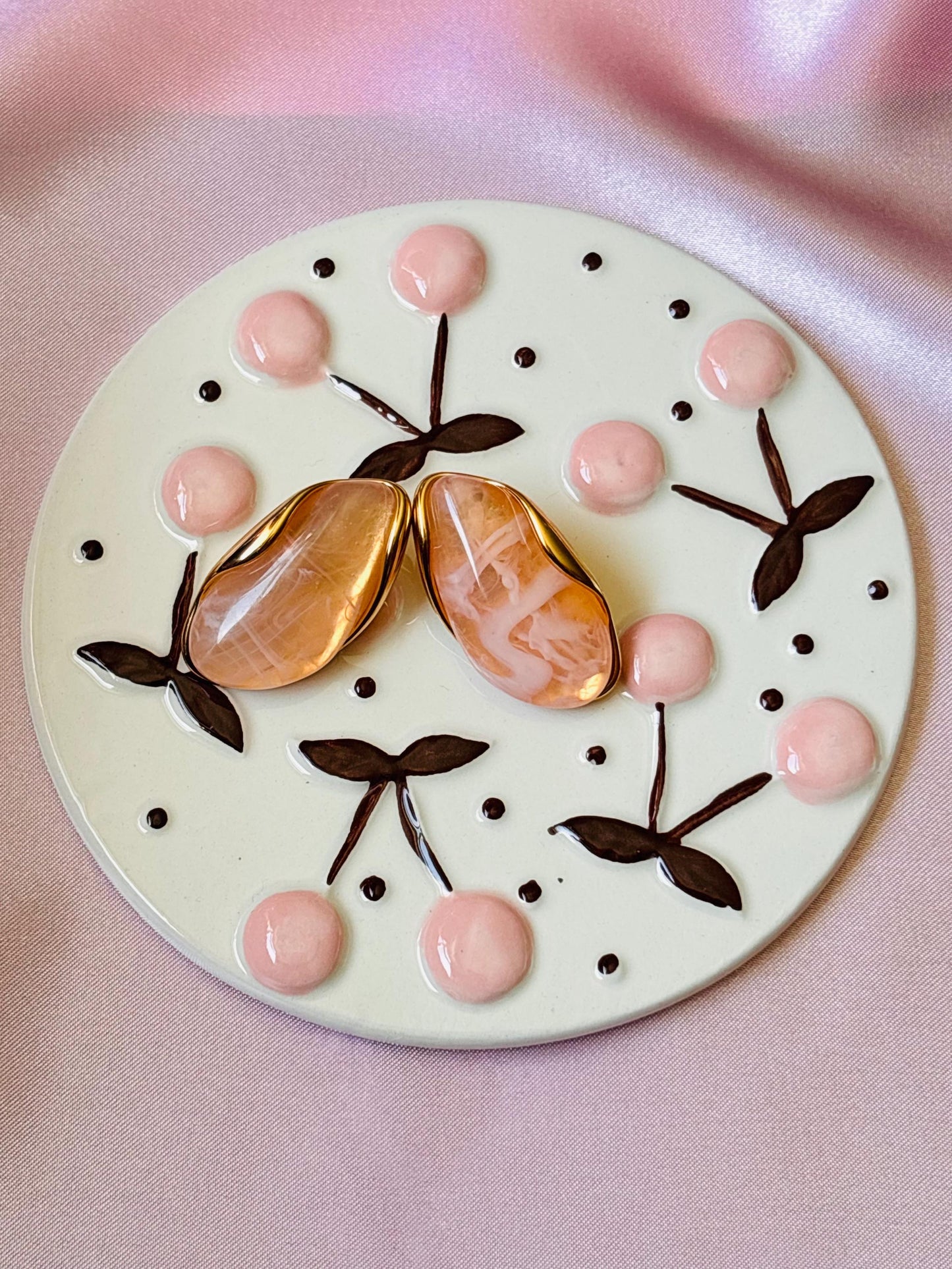 Gold Plated Pink Marbled Resin Oval Stud Earrings, Blush Statement Jewellery