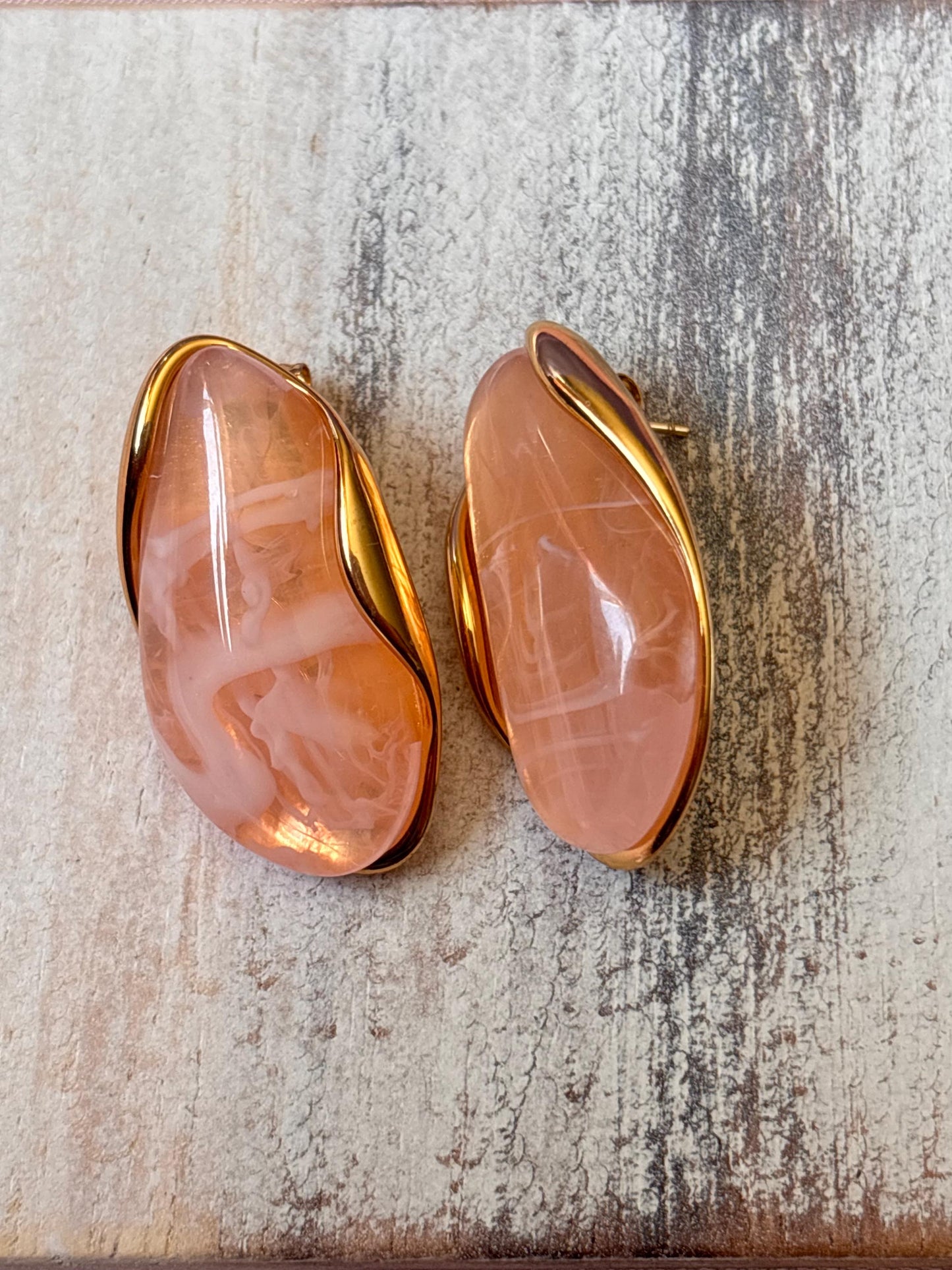 Gold Plated Pink Marbled Resin Oval Stud Earrings, Blush Statement Jewellery