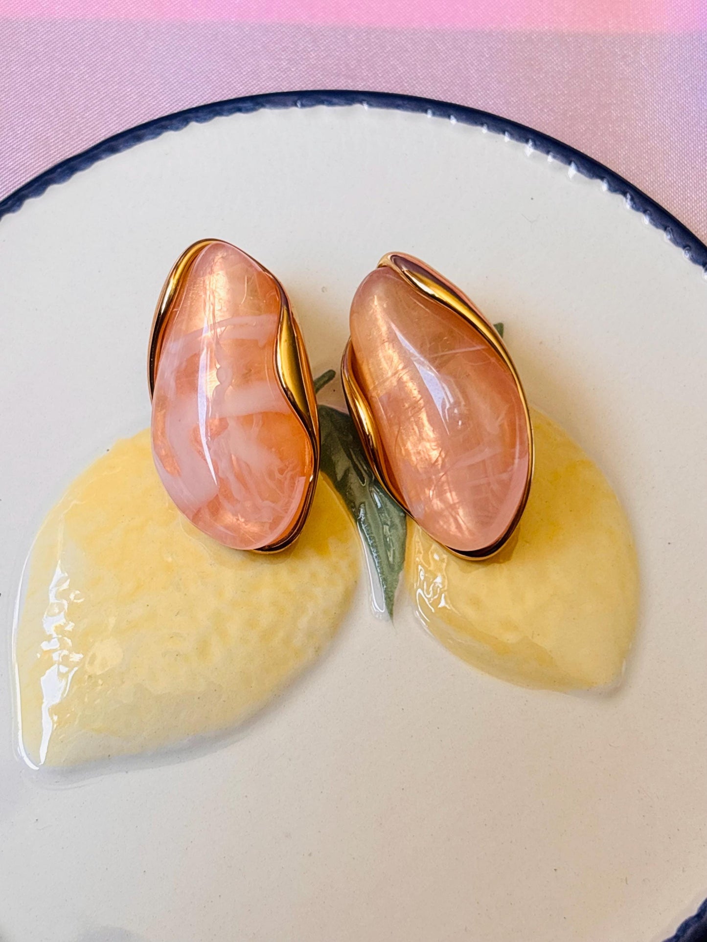 Gold Plated Pink Marbled Resin Oval Stud Earrings, Blush Statement Jewellery