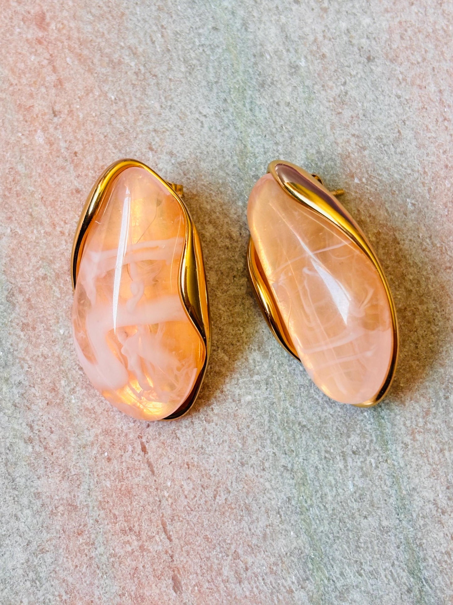 Gold Plated Pink Marbled Resin Oval Stud Earrings, Blush Statement Jewellery