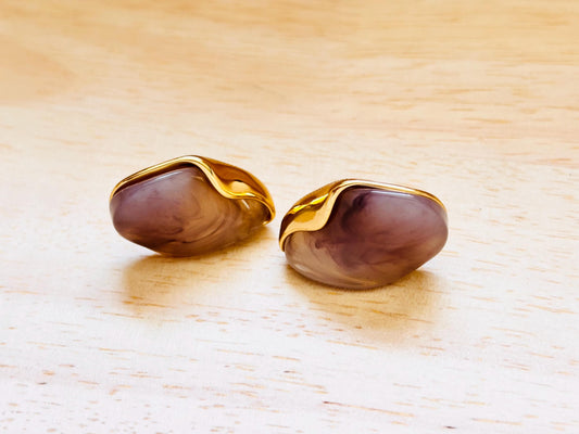 Gold Plated Marbled Resin Stud Earrings, Amber Brown Organic Sculptural Jewelry