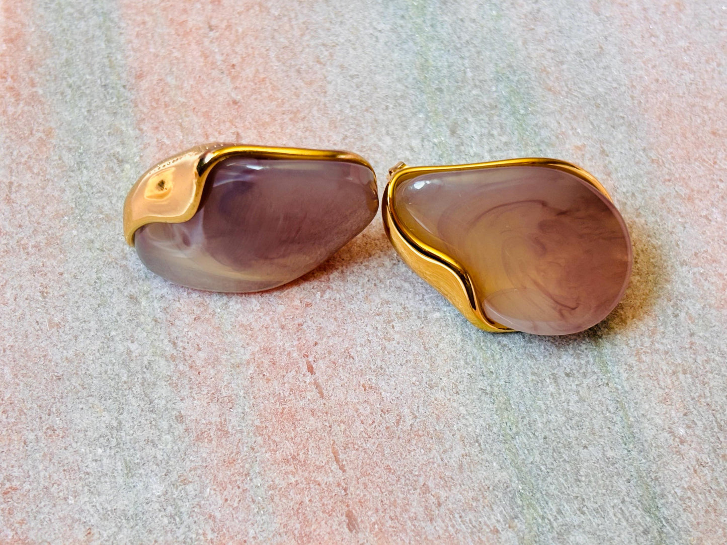 Gold Plated Marbled Resin Stud Earrings, Amber Brown Organic Sculptural Jewelry