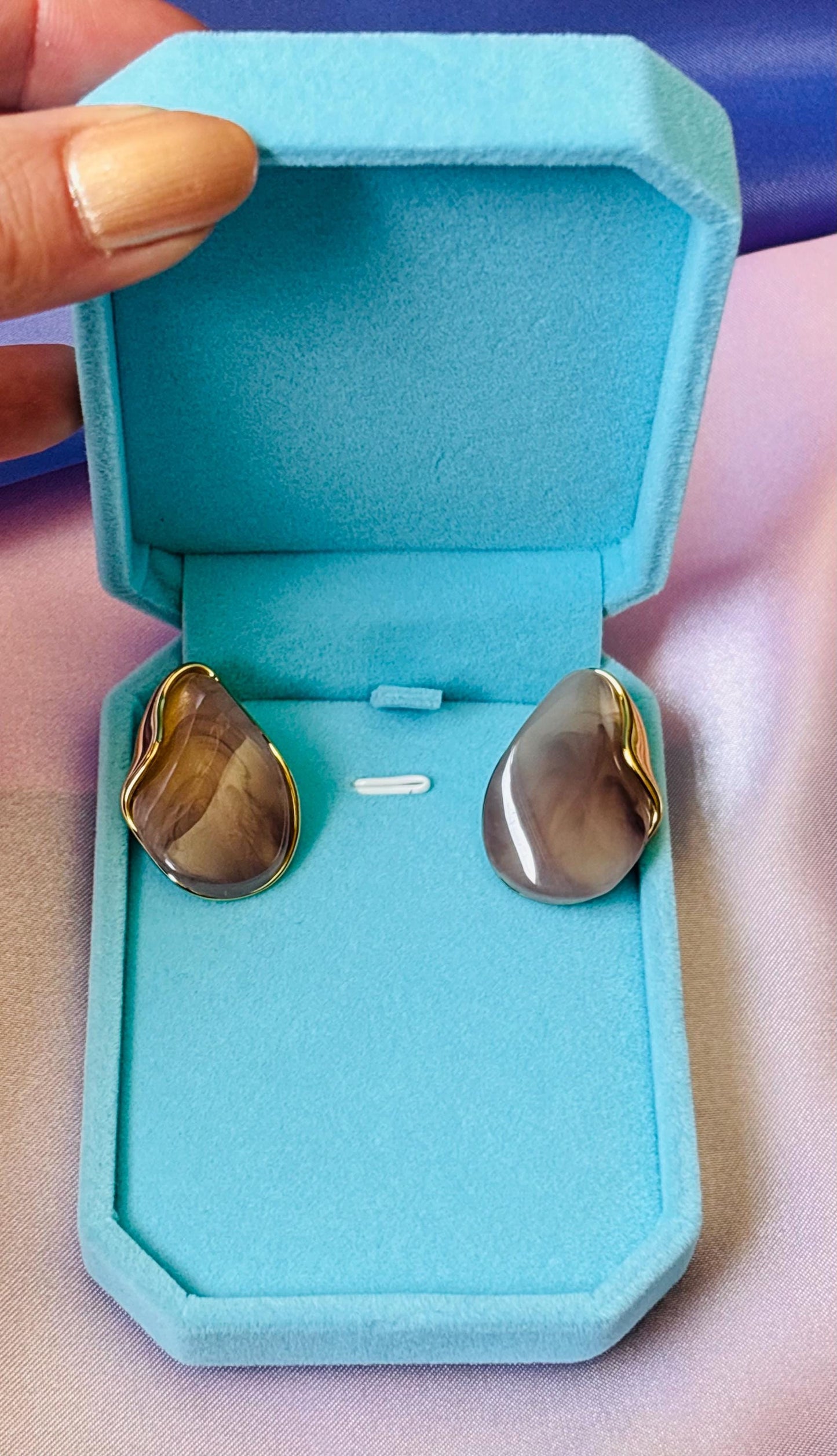 Gold Plated Marbled Resin Stud Earrings, Amber Brown Organic Sculptural Jewelry