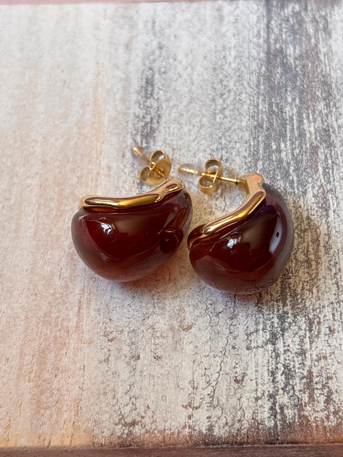 Gold Plated Amber Marbled Resin Oval Stud Earrings, Organic Jewelry