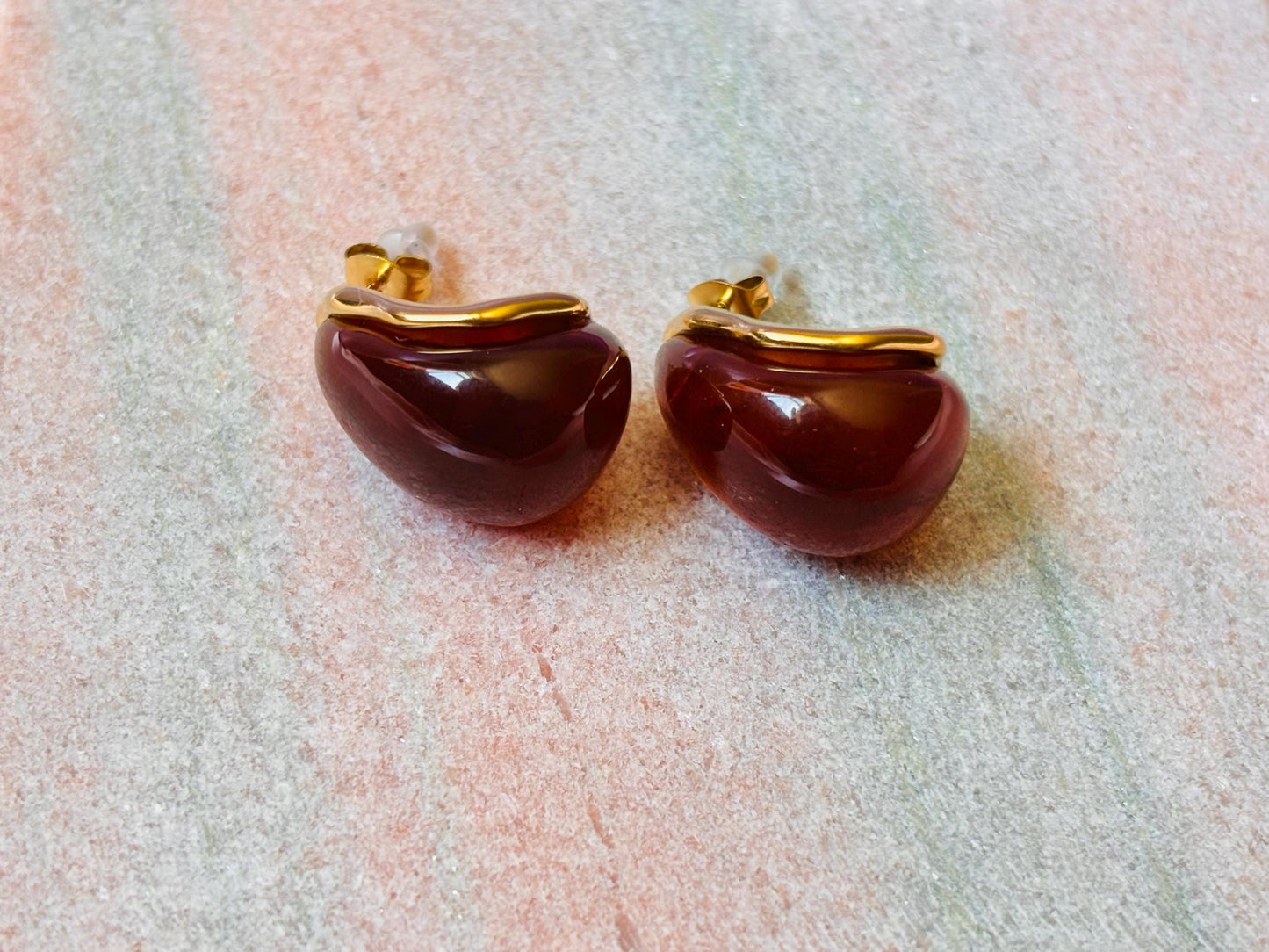 Gold Plated Amber Marbled Resin Oval Stud Earrings, Organic Jewelry