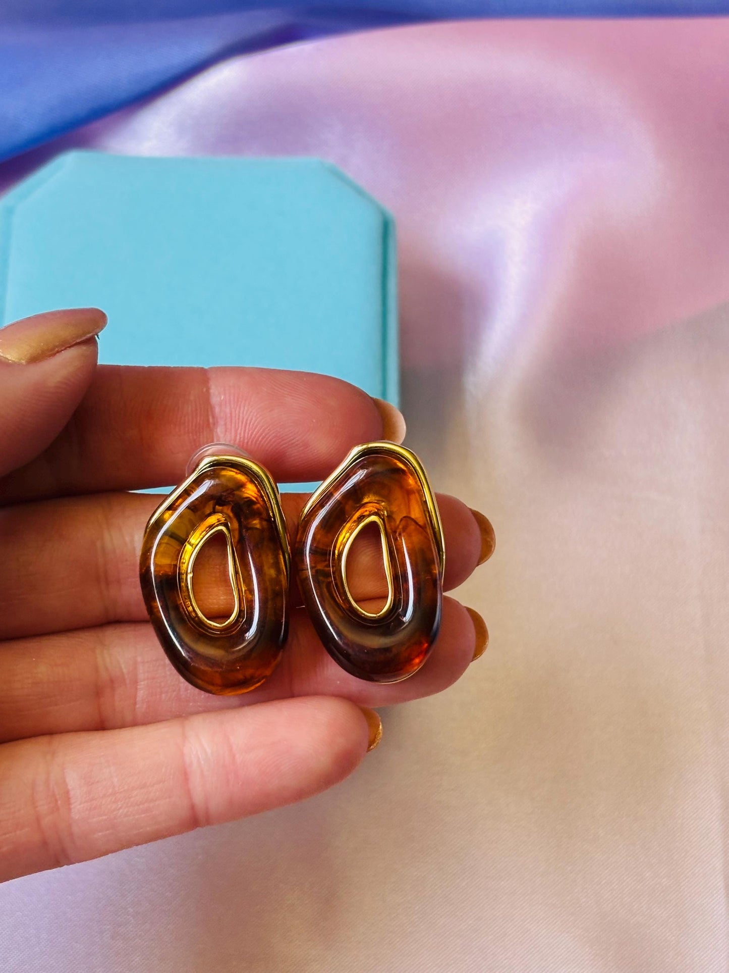 Gold Plated Amber Resin Cut-Out Stud Earrings, Sculptural Statement Earrings, Organic Modern Design