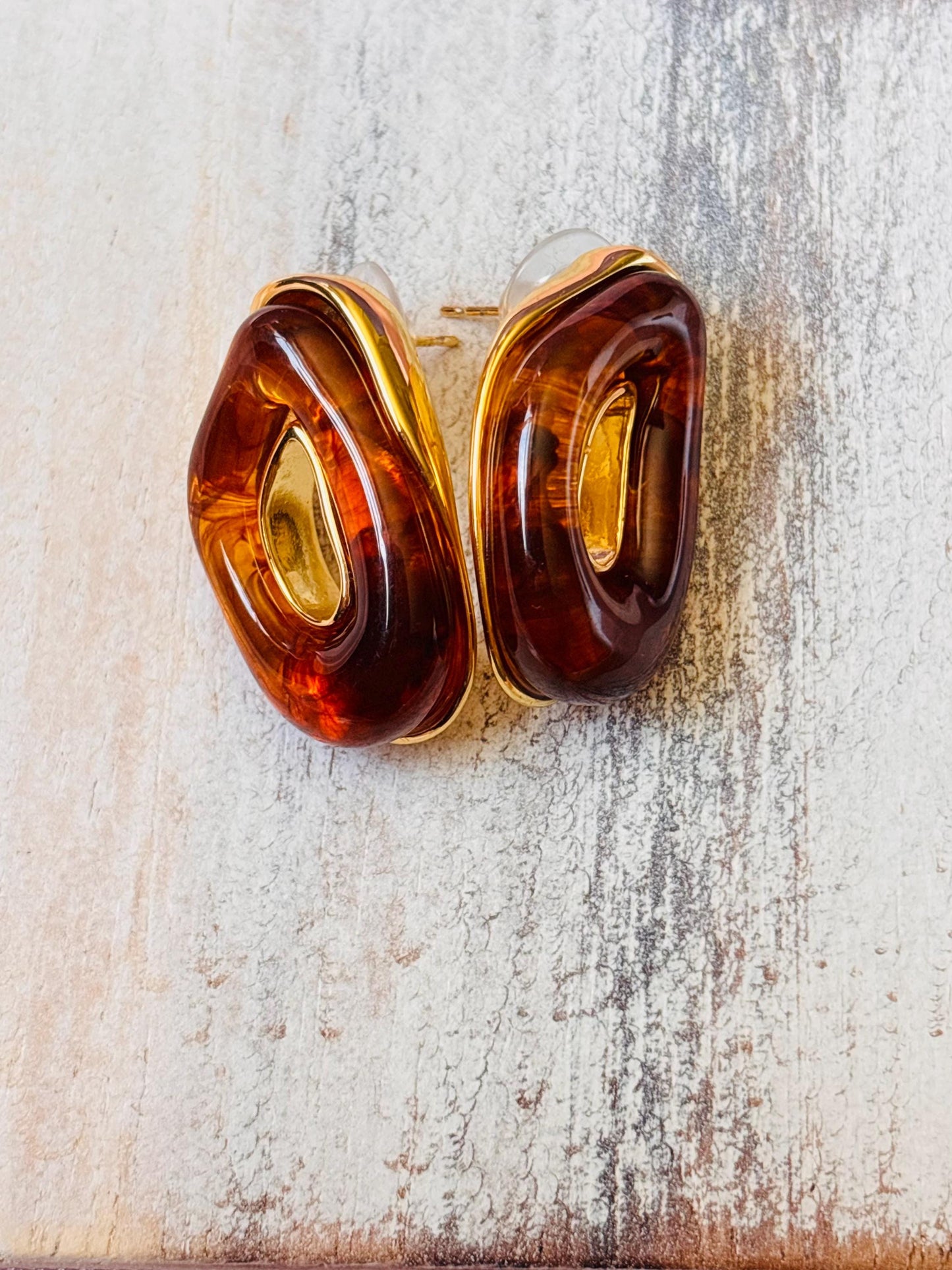 Gold Plated Amber Resin Cut-Out Stud Earrings, Sculptural Statement Earrings, Organic Modern Design