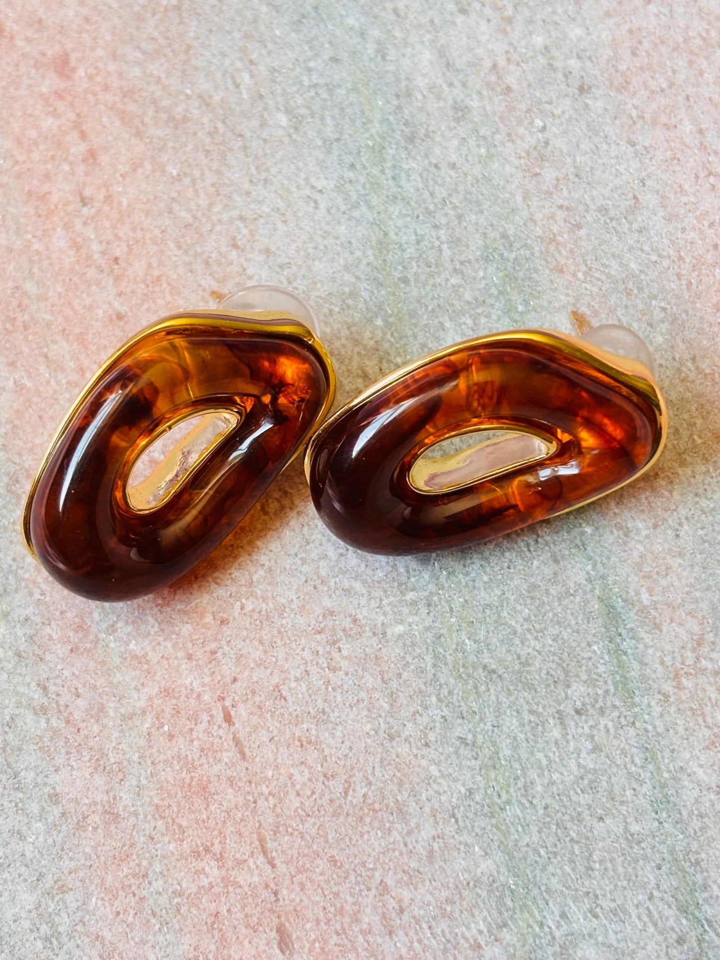 Gold Plated Amber Resin Cut-Out Stud Earrings, Sculptural Statement Earrings, Organic Modern Design