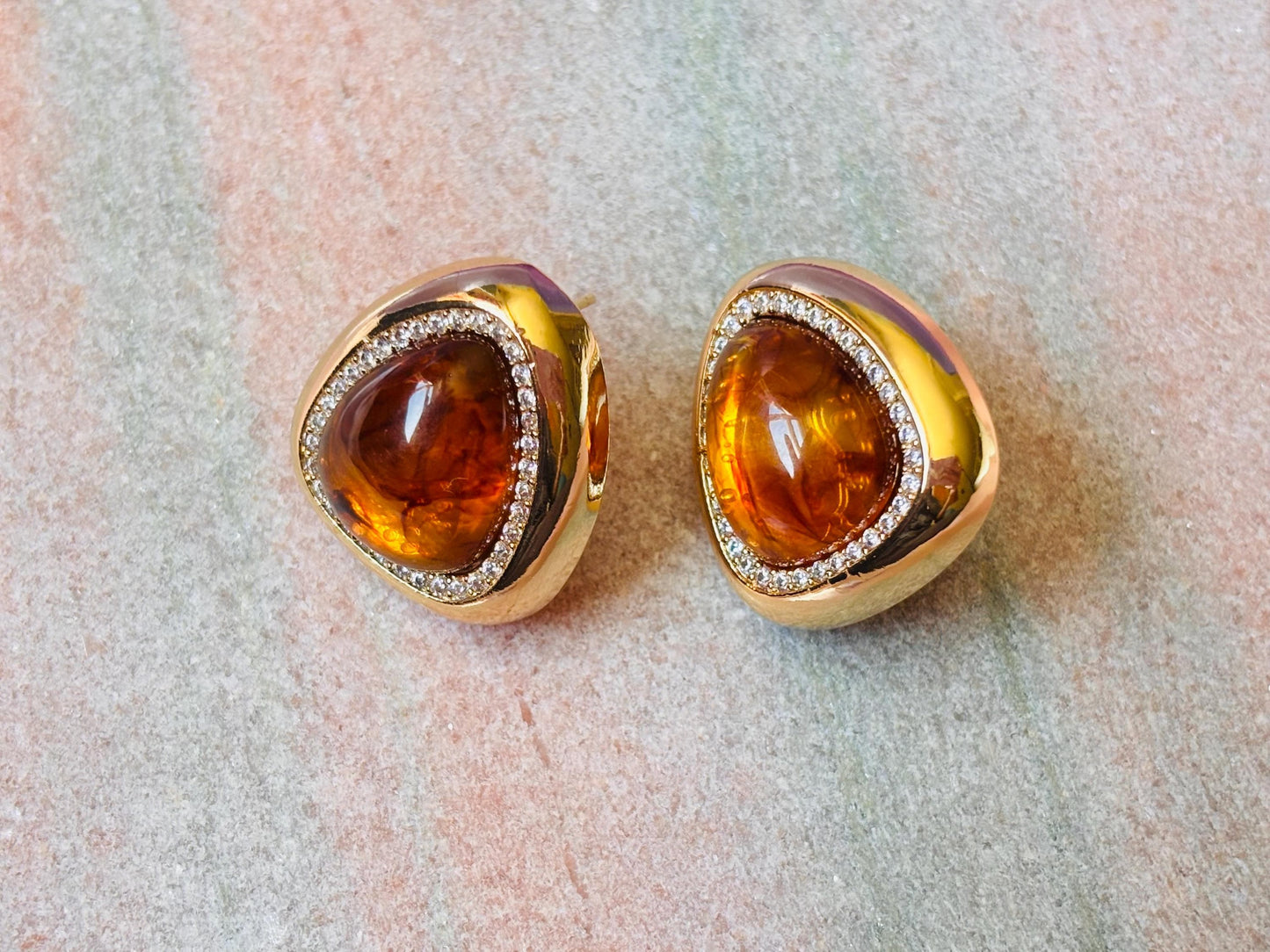 Gold Plated Amber Resin Stud Earrings with Crystal Detail, Vintage Inspired Statement Studs
