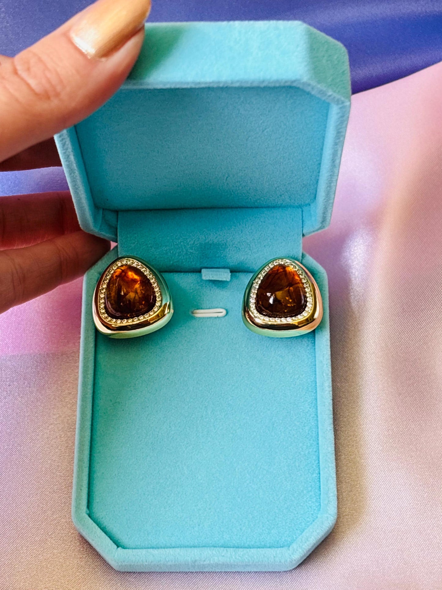 Gold Plated Amber Resin Stud Earrings with Crystal Detail, Vintage Inspired Statement Studs