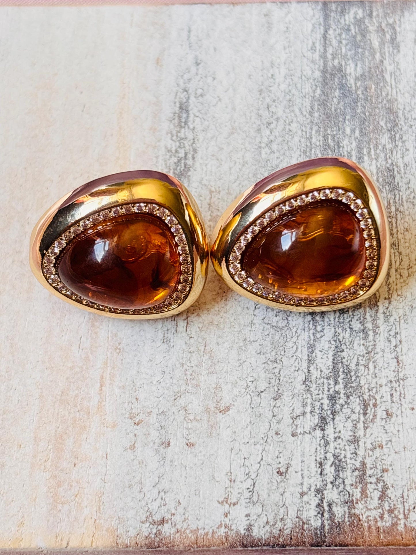 Gold Plated Amber Resin Stud Earrings with Crystal Detail, Vintage Inspired Statement Studs