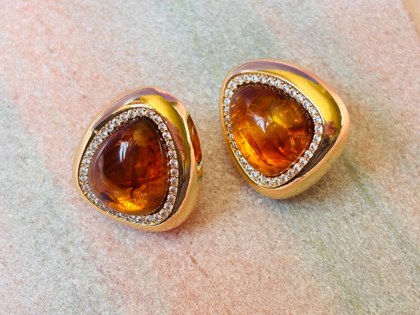 Gold Plated Amber Resin Stud Earrings with Crystal Detail, Vintage Inspired Statement Studs