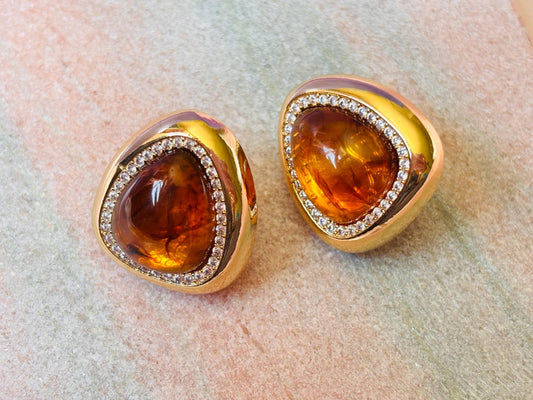 Gold Plated Amber Resin Stud Earrings with Crystal Detail, Vintage Inspired Statement Studs