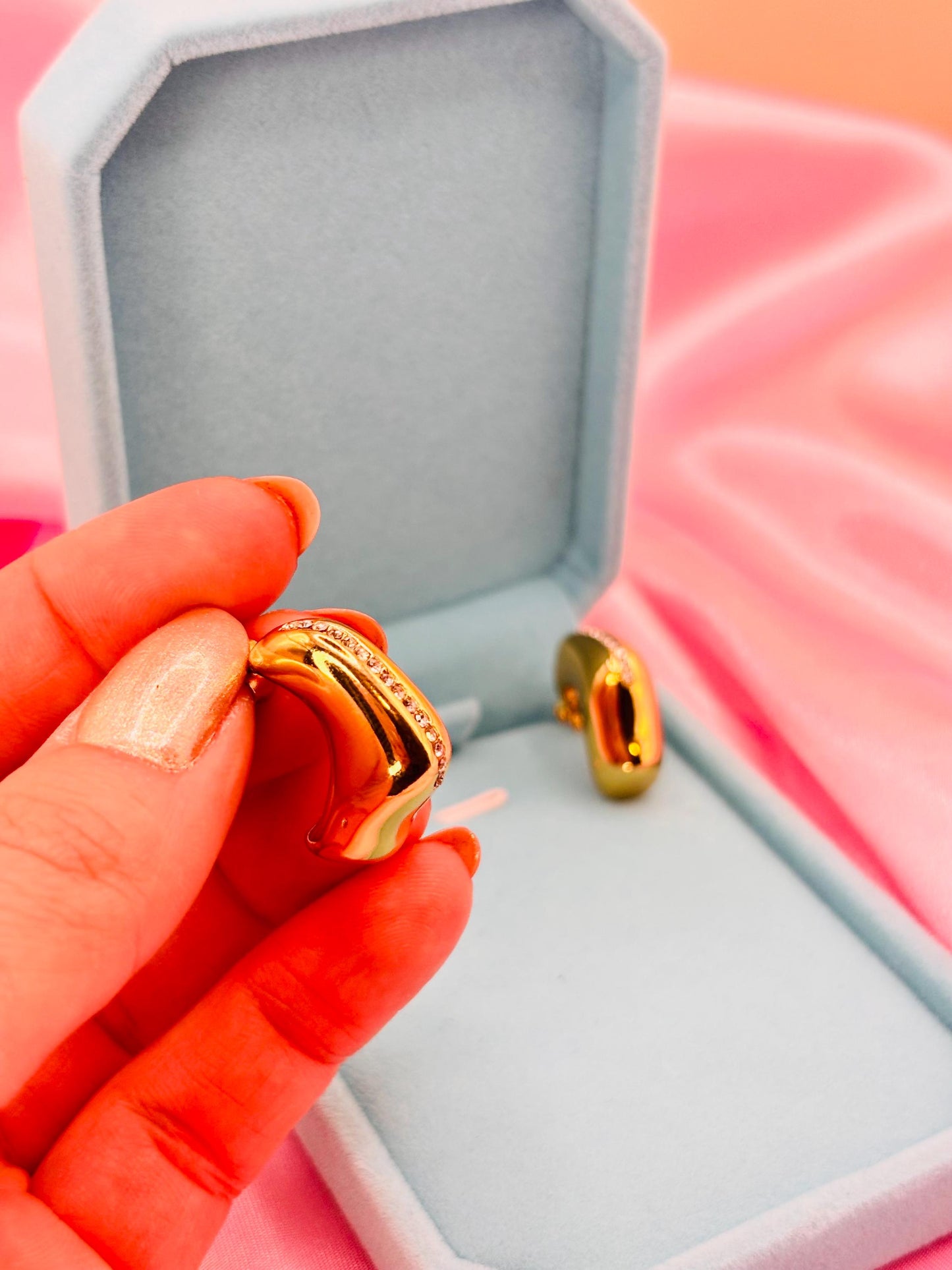 Gold Plated Curved Statement Stud Earrings with Crystal Accent – Sculptural Modern Gold Jewellery
