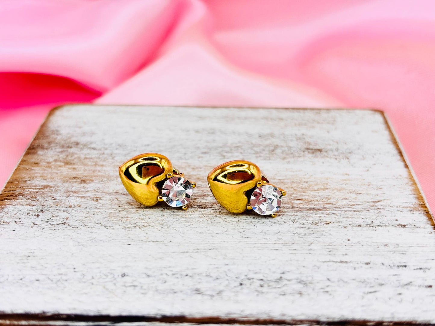 Gold Heart Stud Earrings with Crystal – Polished Gold Plated Minimalist Studs
