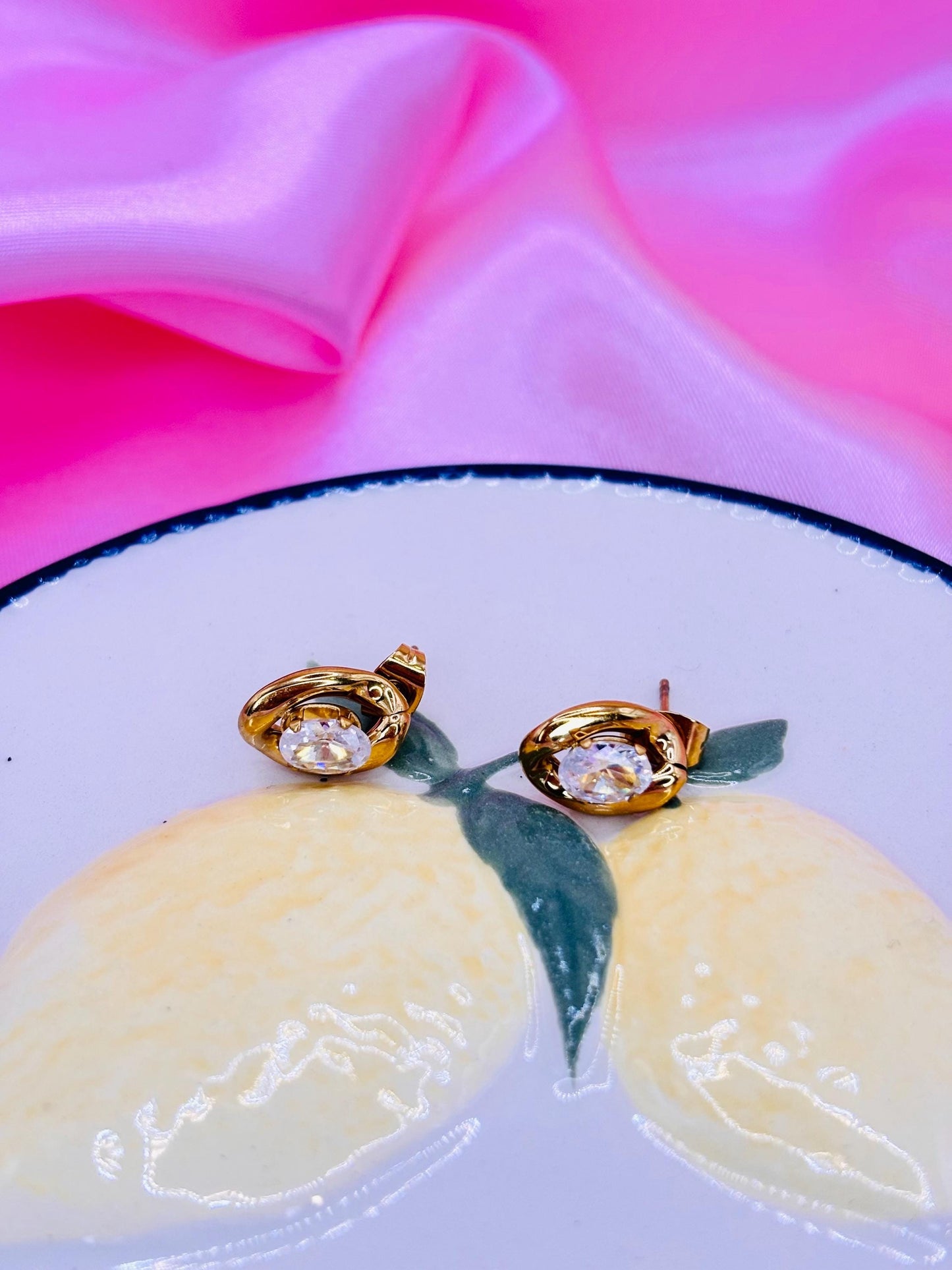 Gold Oval Crystal Stud Earrings – Minimalist Open Frame CZ Studs, Modern Everyday Jewelry