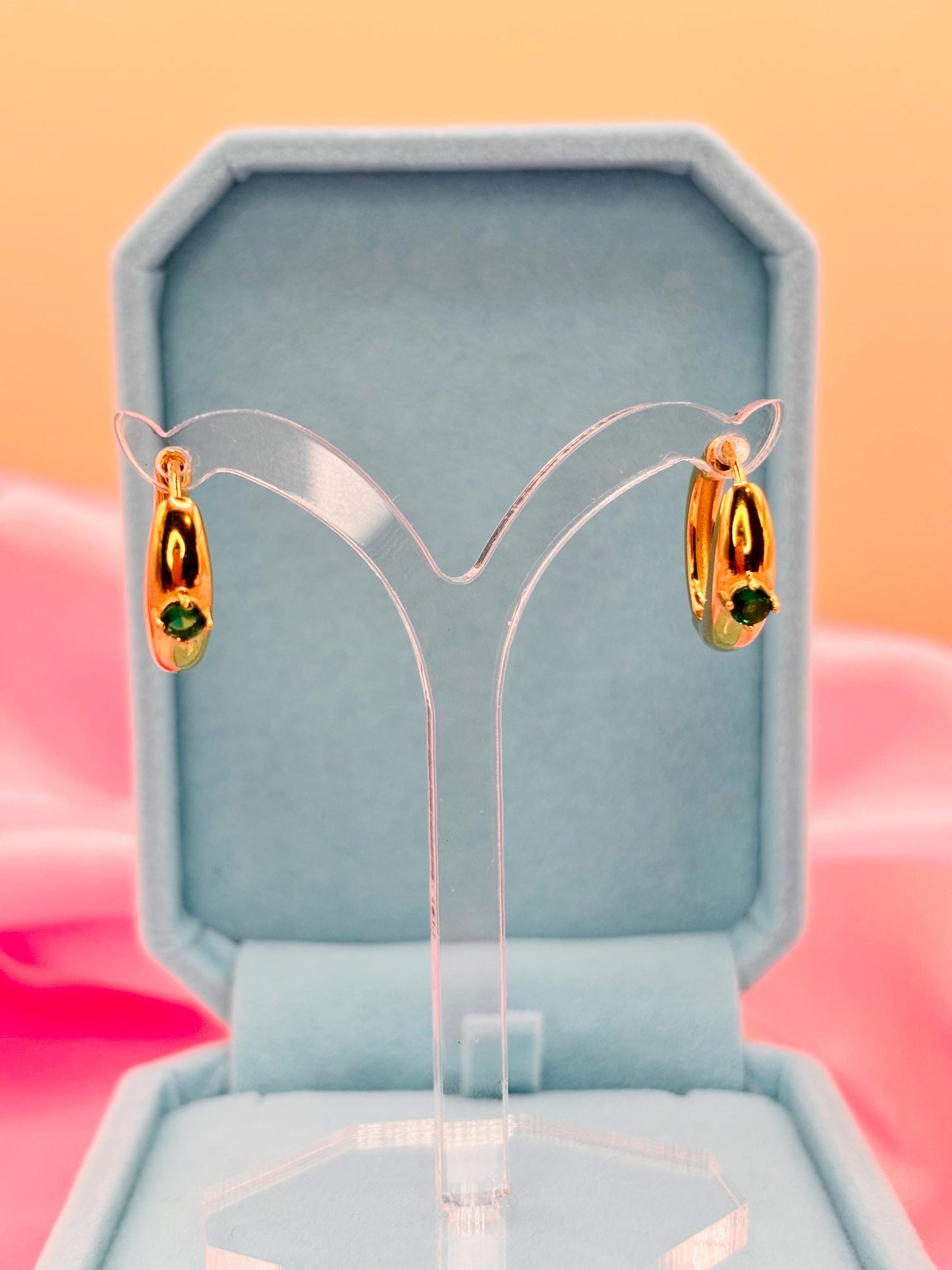 Green CZ Gold Huggie Hoop Earrings – Minimal Gold Plated Hoops with Emerald Tone Stone