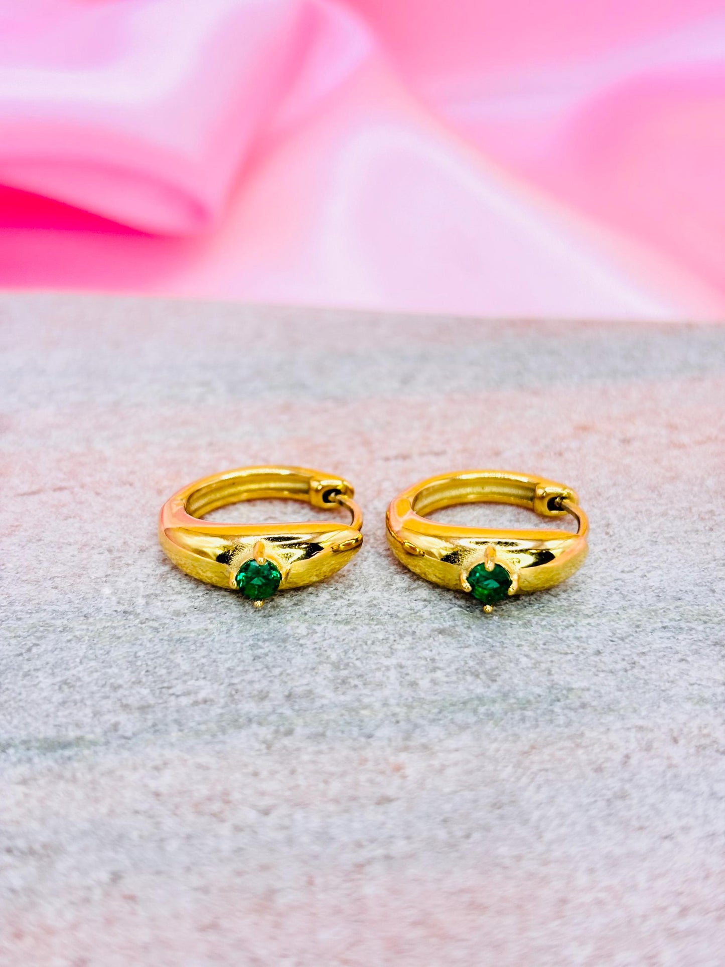 Green CZ Gold Huggie Hoop Earrings – Minimal Gold Plated Hoops with Emerald Tone Stone