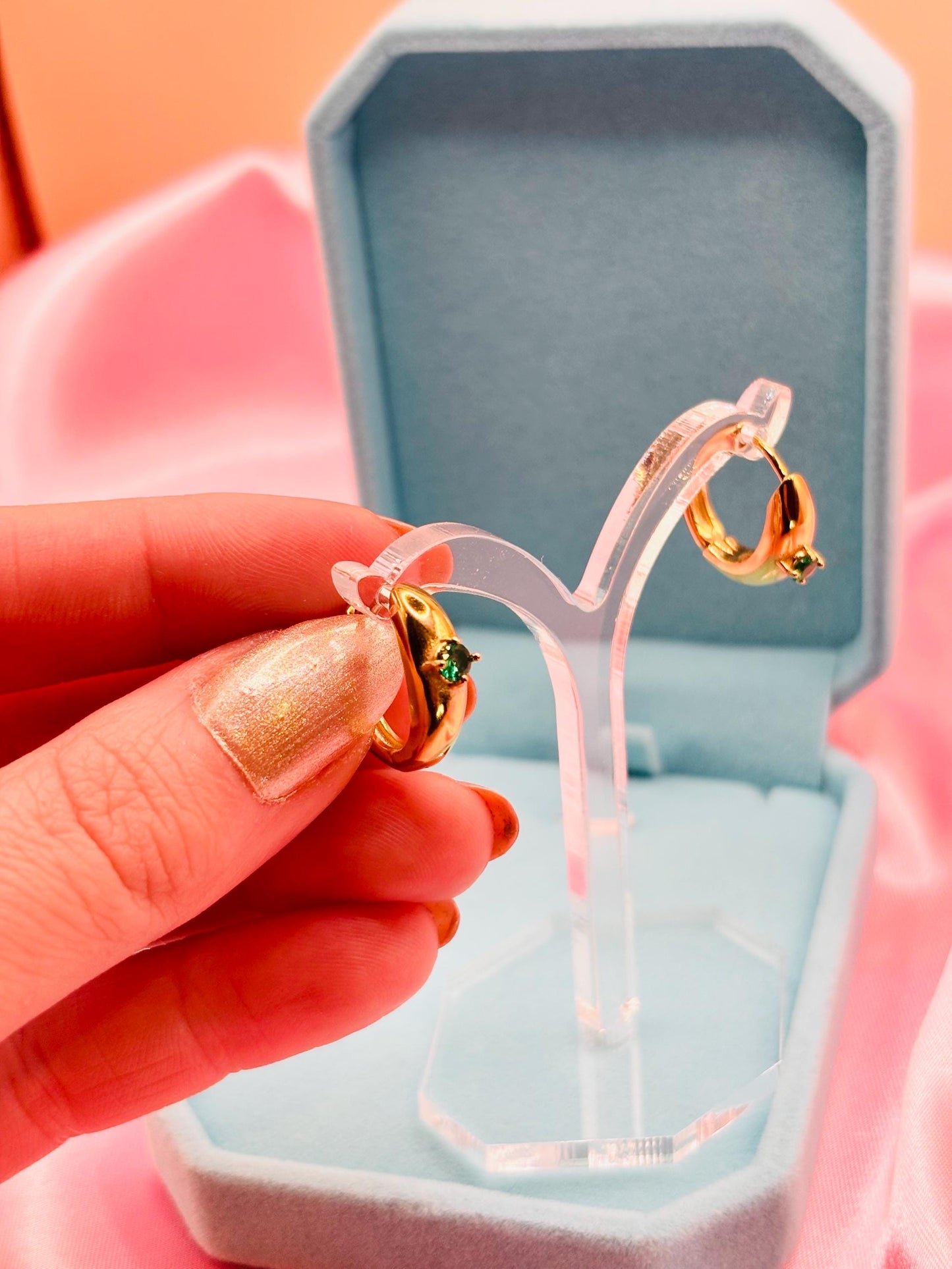 Green CZ Gold Huggie Hoop Earrings – Minimal Gold Plated Hoops with Emerald Tone Stone