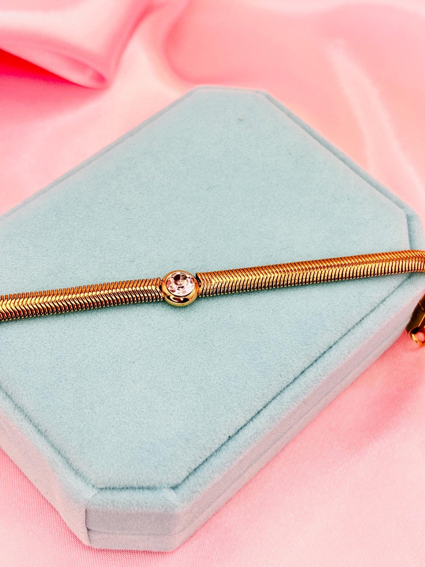 Gold Snake Chain Bracelet with Crystal Accent – Minimalist Modern Jewelry