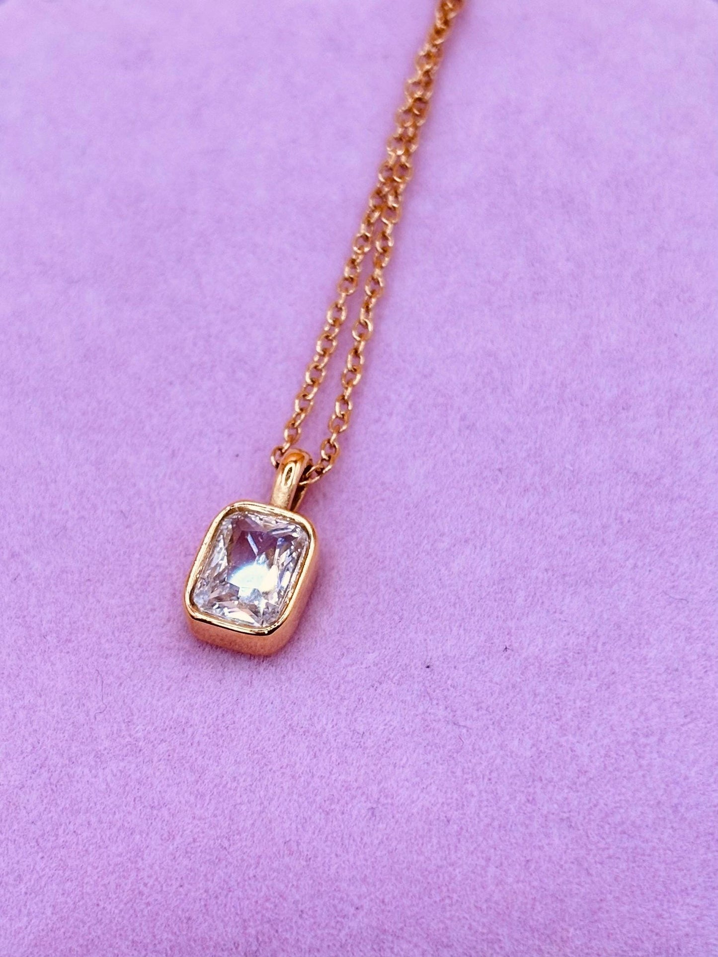Gold Rectangular CZ Pendant Necklace, Dainty Minimalist Gold Chain, Everyday Jewellery Gift for Her