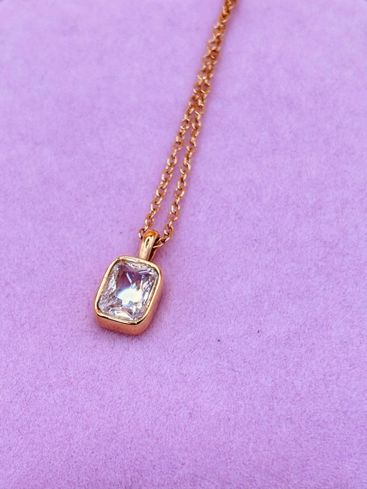 Gold Rectangular CZ Pendant Necklace, Dainty Minimalist Gold Chain, Everyday Jewellery Gift for Her