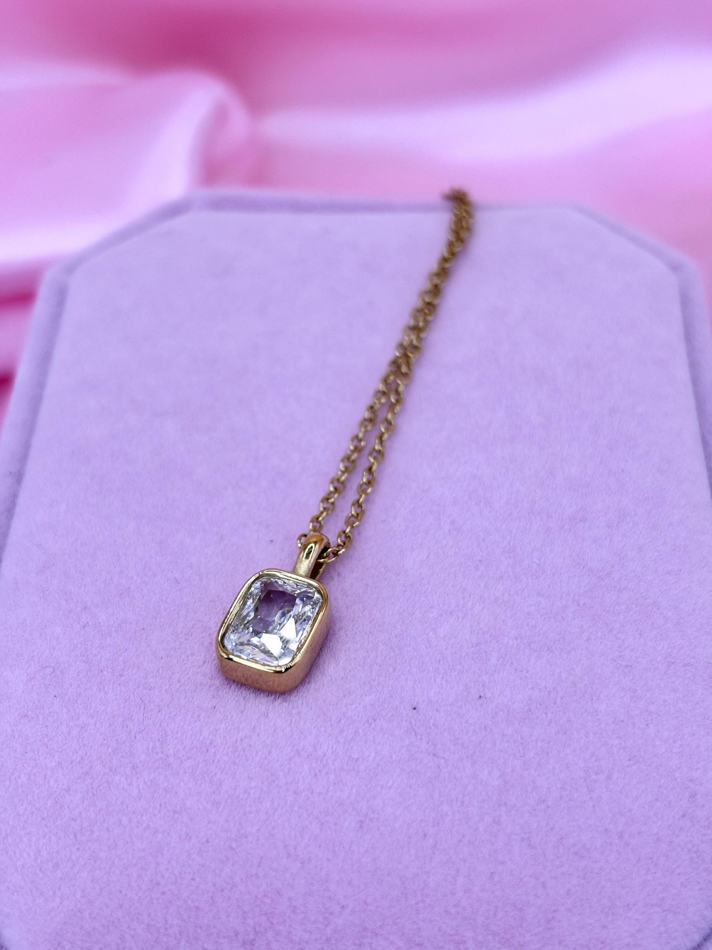 Gold Rectangular CZ Pendant Necklace, Dainty Minimalist Gold Chain, Everyday Jewellery Gift for Her