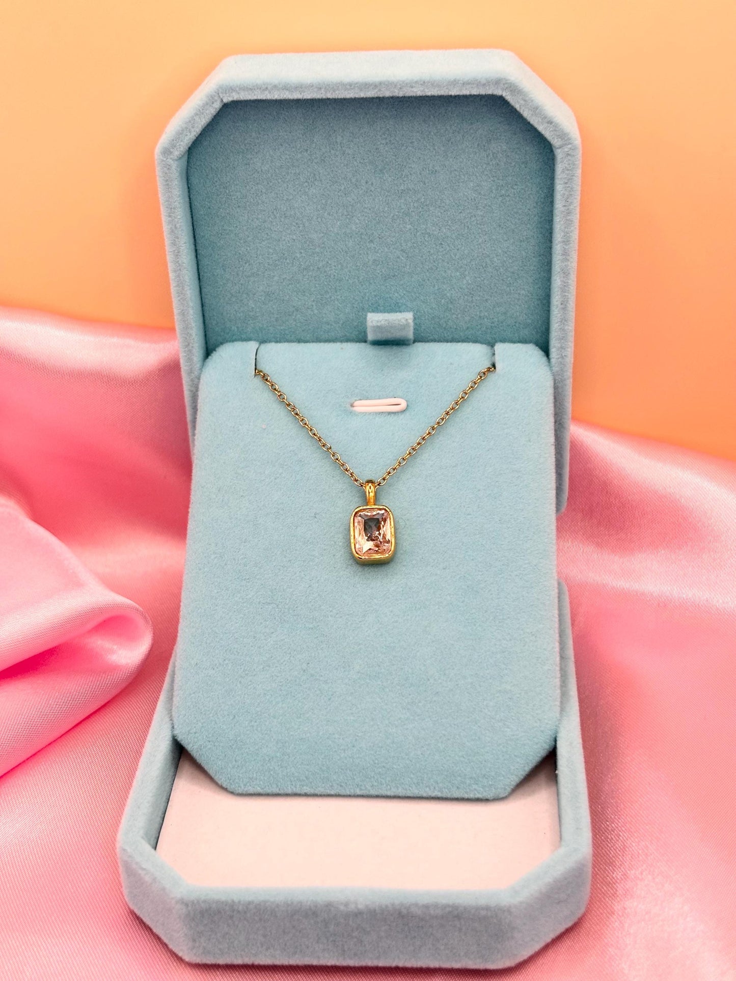 Gold Rectangular CZ Pendant Necklace, Dainty Minimalist Gold Chain, Everyday Jewellery Gift for Her
