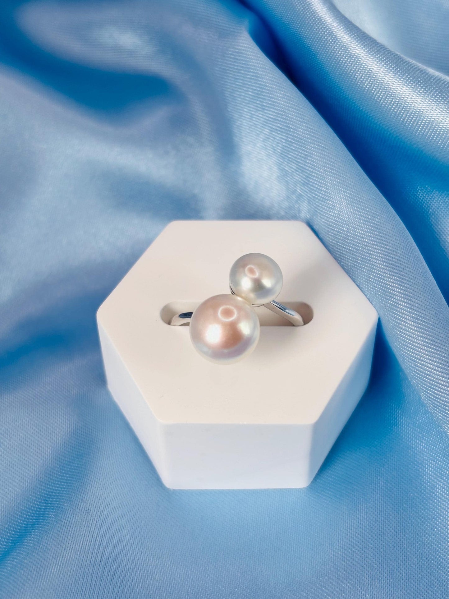 Double Freshwater Pearl Open Ring – 9mm & 7mm Pearls, 925 Sterling Silver Adjustable Minimalist Jewellery