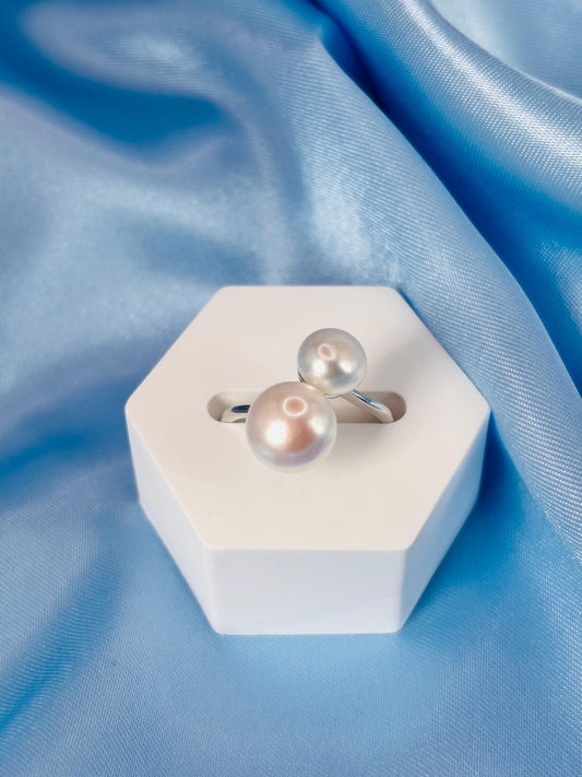 Double Freshwater Pearl Open Ring – 9mm & 7mm Pearls, 925 Sterling Silver Adjustable Minimalist Jewellery