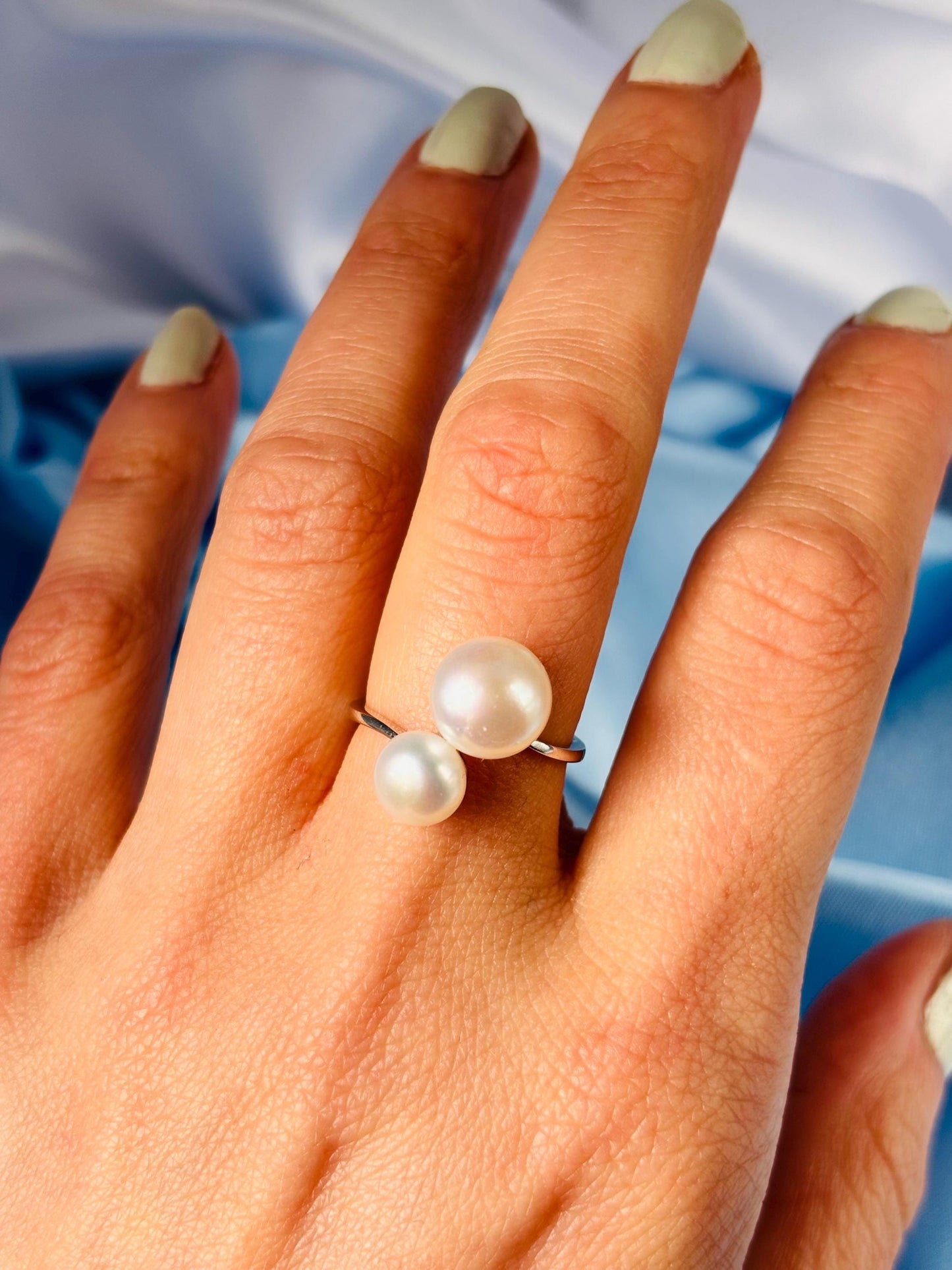 Double Freshwater Pearl Open Ring – 9mm & 7mm Pearls, 925 Sterling Silver Adjustable Minimalist Jewellery