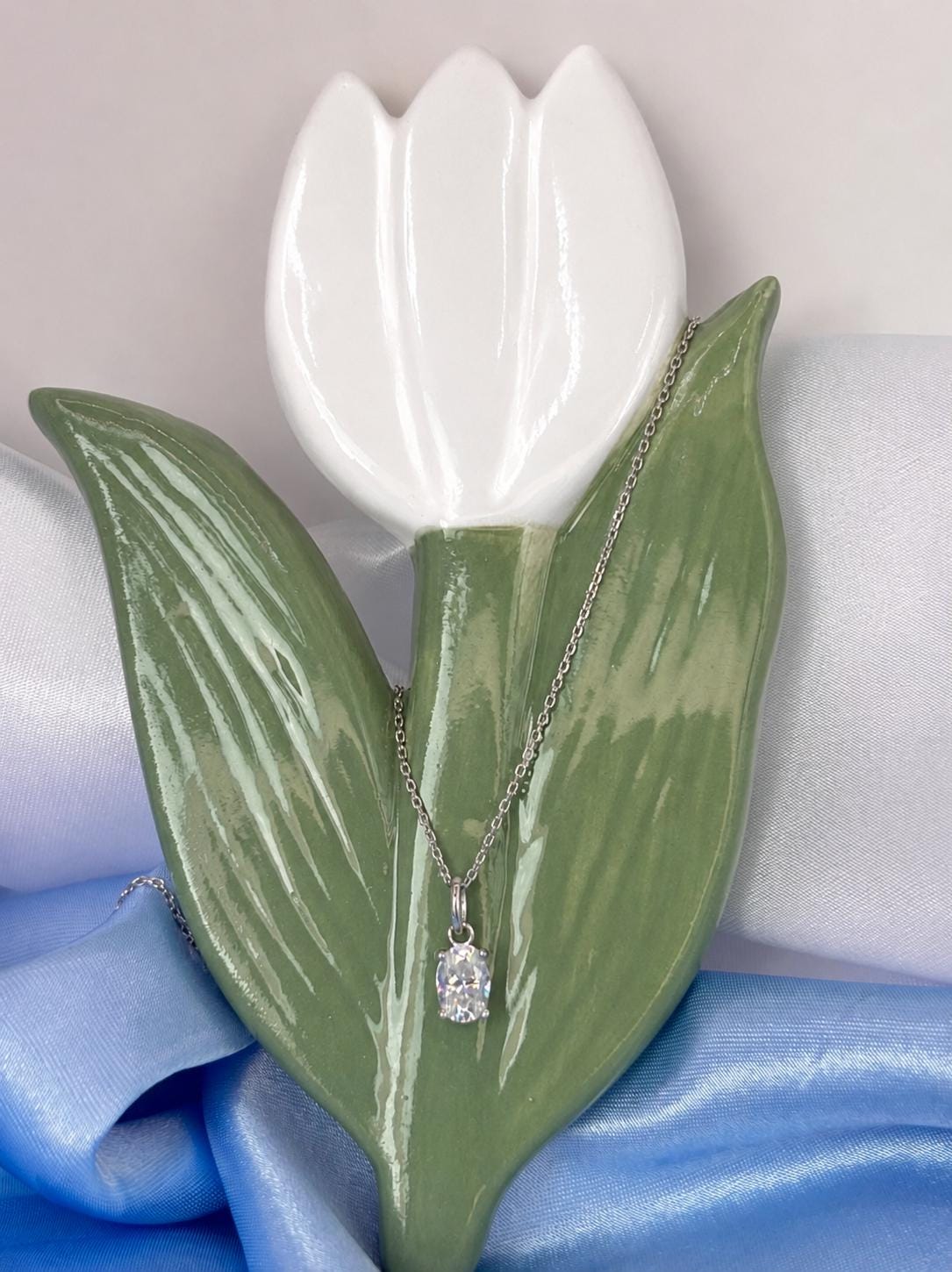 Delicate Oval Moissanite Necklace, 18K White Gold Plated Sterling Silver