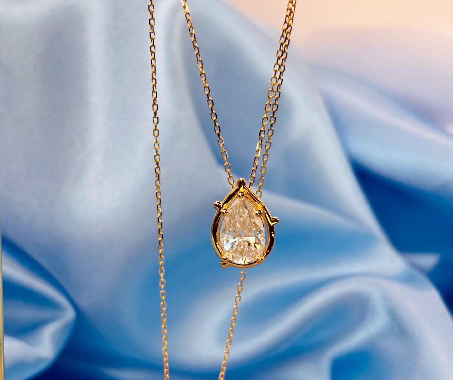 Pear Cut 2 Carat Moissanite Necklace, Diamond Look Pendant, Gold Plated Silver