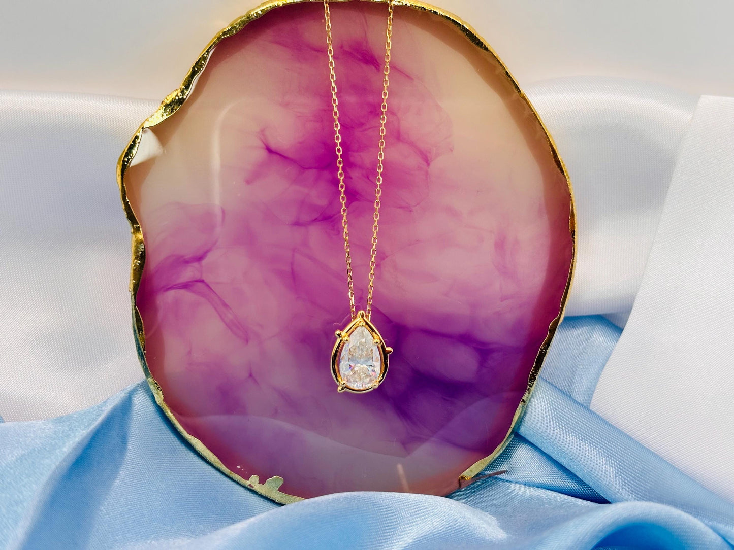 Pear Cut 2 Carat Moissanite Necklace, Diamond Look Pendant, Gold Plated Silver
