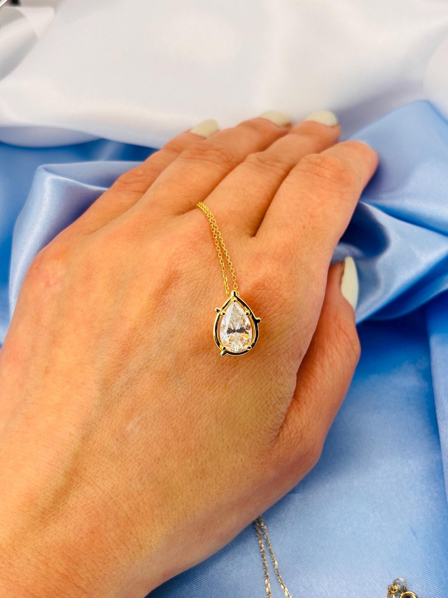 Pear Cut 2 Carat Moissanite Necklace, Diamond Look Pendant, Gold Plated Silver