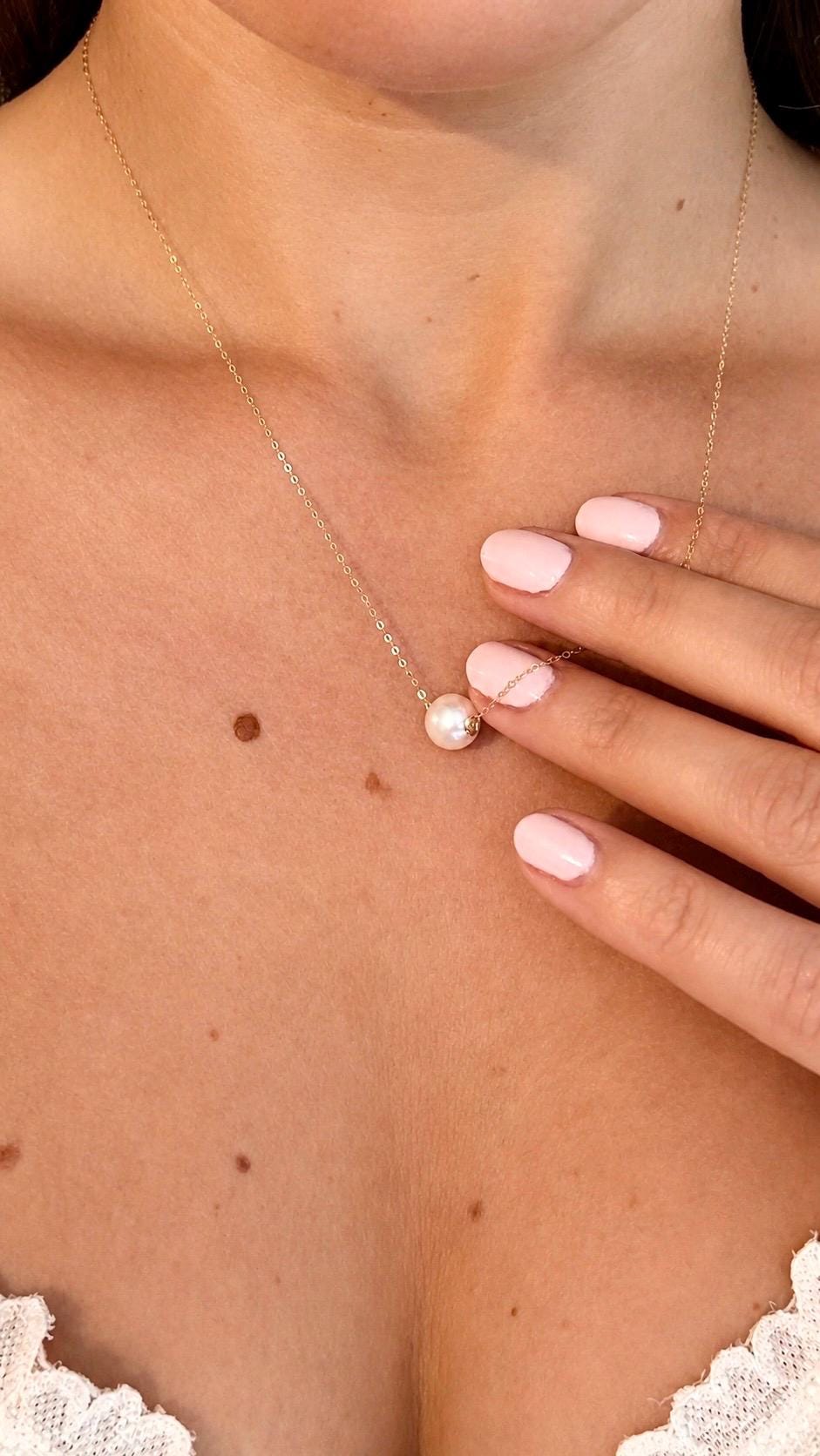 18K Solid Gold Floating Pearl Necklace, Minimalist Freshwater Pendant, Hallmarked Fine Jewelry
